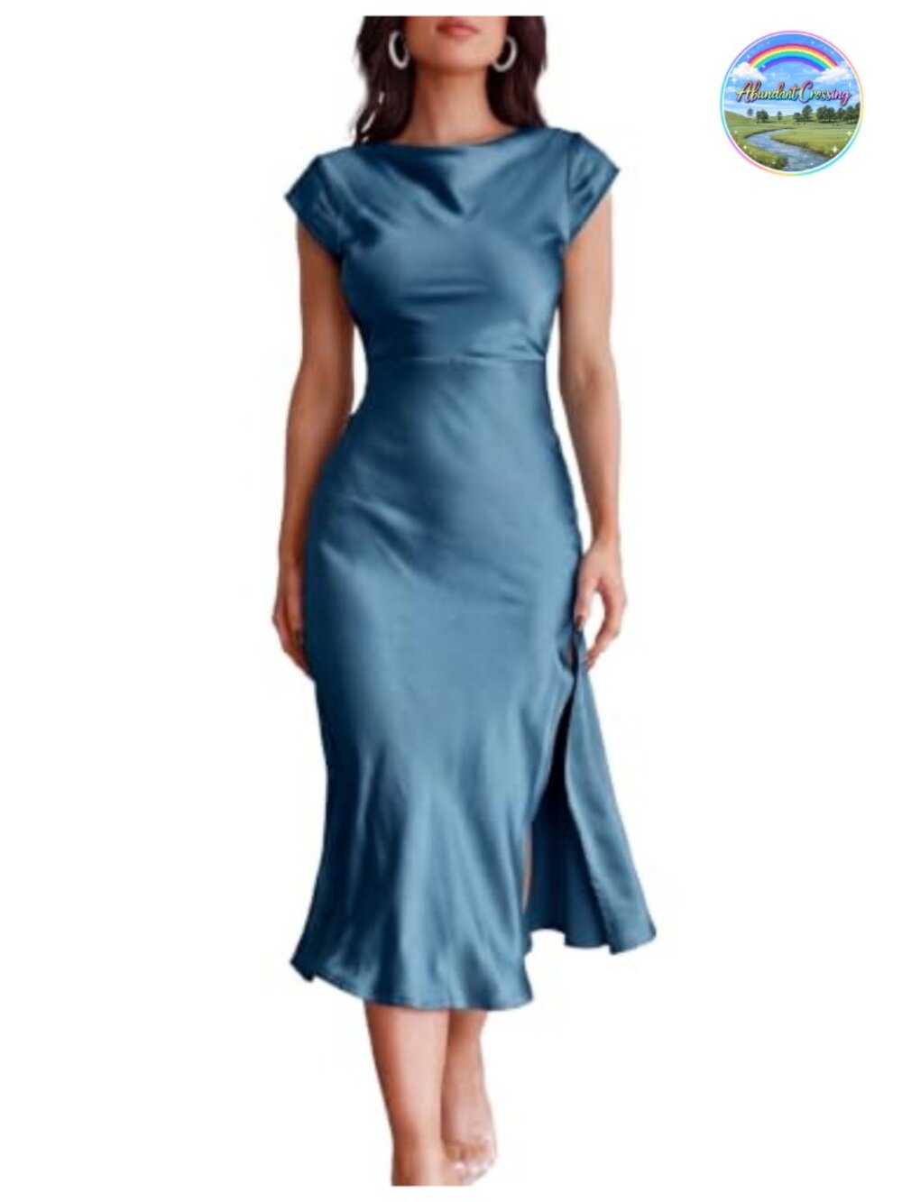 Women's Satin Formal Midi Dress Cap Sleeve Twist Back Cocktail Wedding Guest